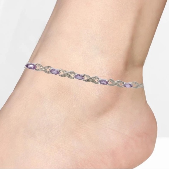 Natural Amethyst Infinity Anklet 925 Sterling Silver 9" Diamond Accents - Picture 1 of 5